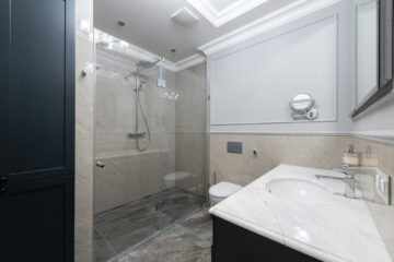 bath remodel tile shower and vanity with ease of use and comfort design