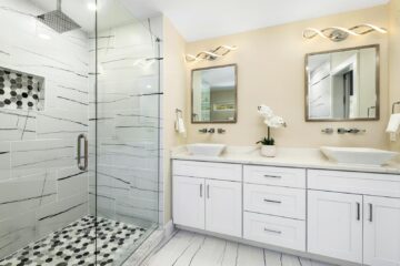 bath remodel tile shower and vanity with ease of use and comfort design